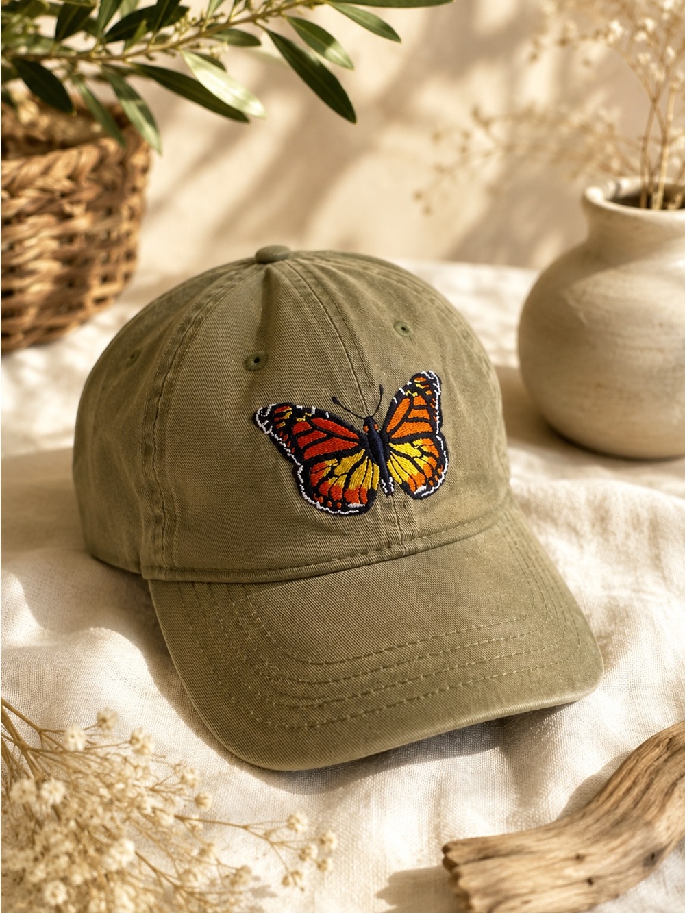 Eco Monarch Butterfly Embroidered Baseball Cap Olive Green Adjustable Dad Hat